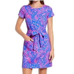 Lilly Pulitzer Glenn French Terry Shift Dress Women Blue Pink Tropical Belted L
